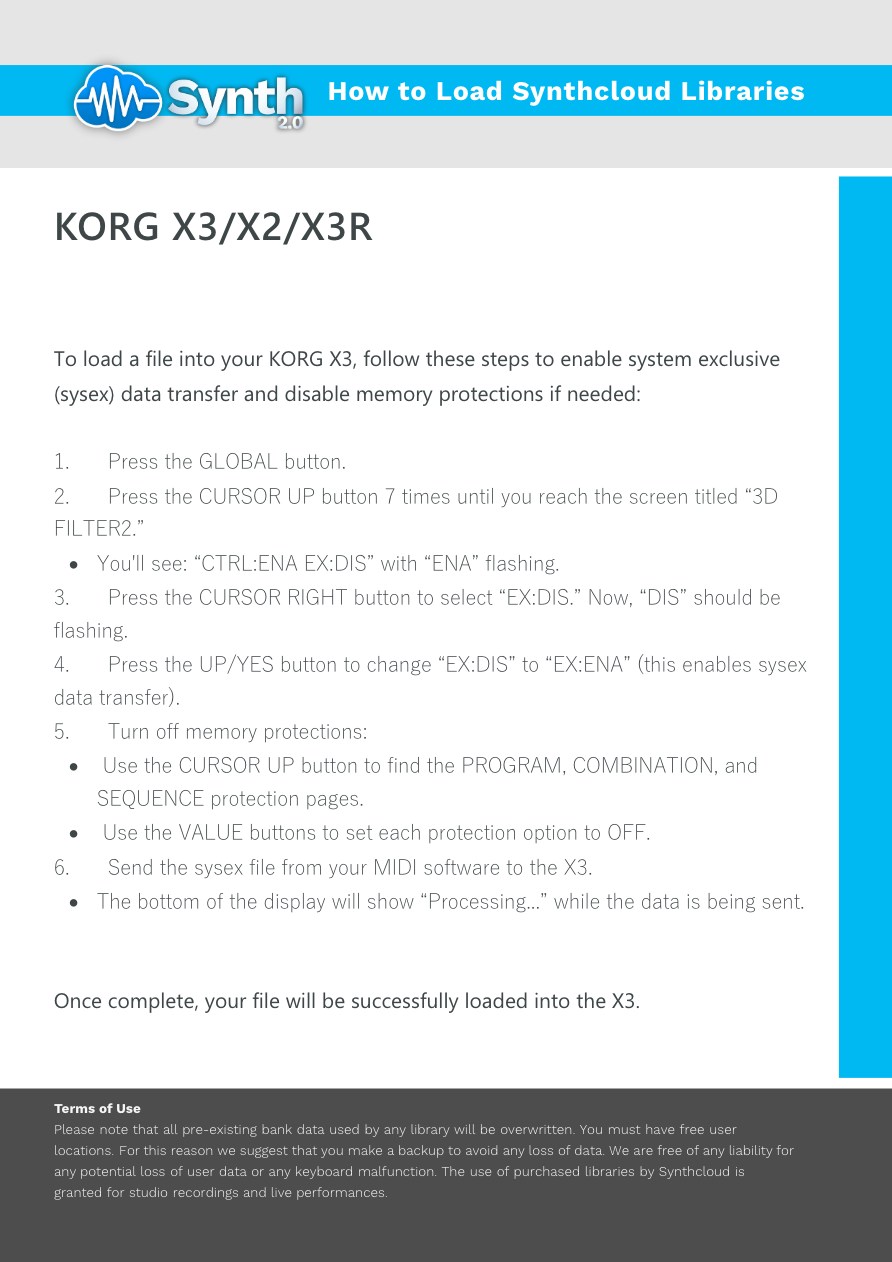Korg X3 / X2 / X3R - Synthcloud Libraries - Manual Preview Image