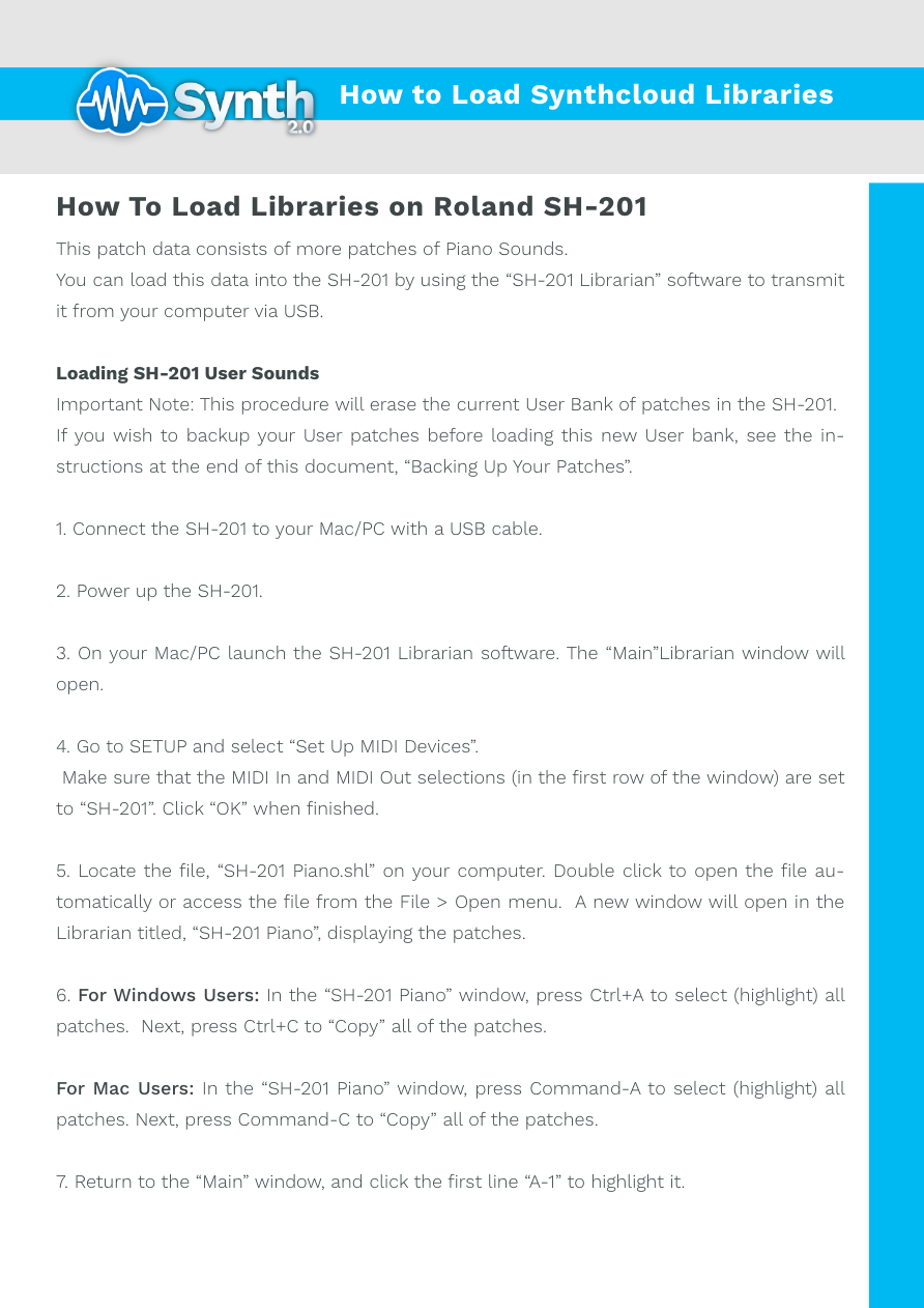 Roland SH-201 - Synthcloud Libraries - Manual Preview Image