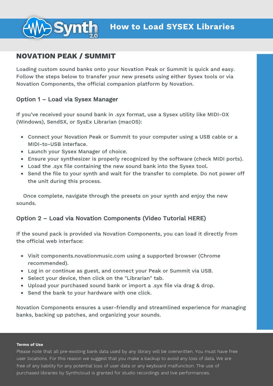Novation Peak / Summit - Synthcloud Libraries - Manual Preview Image