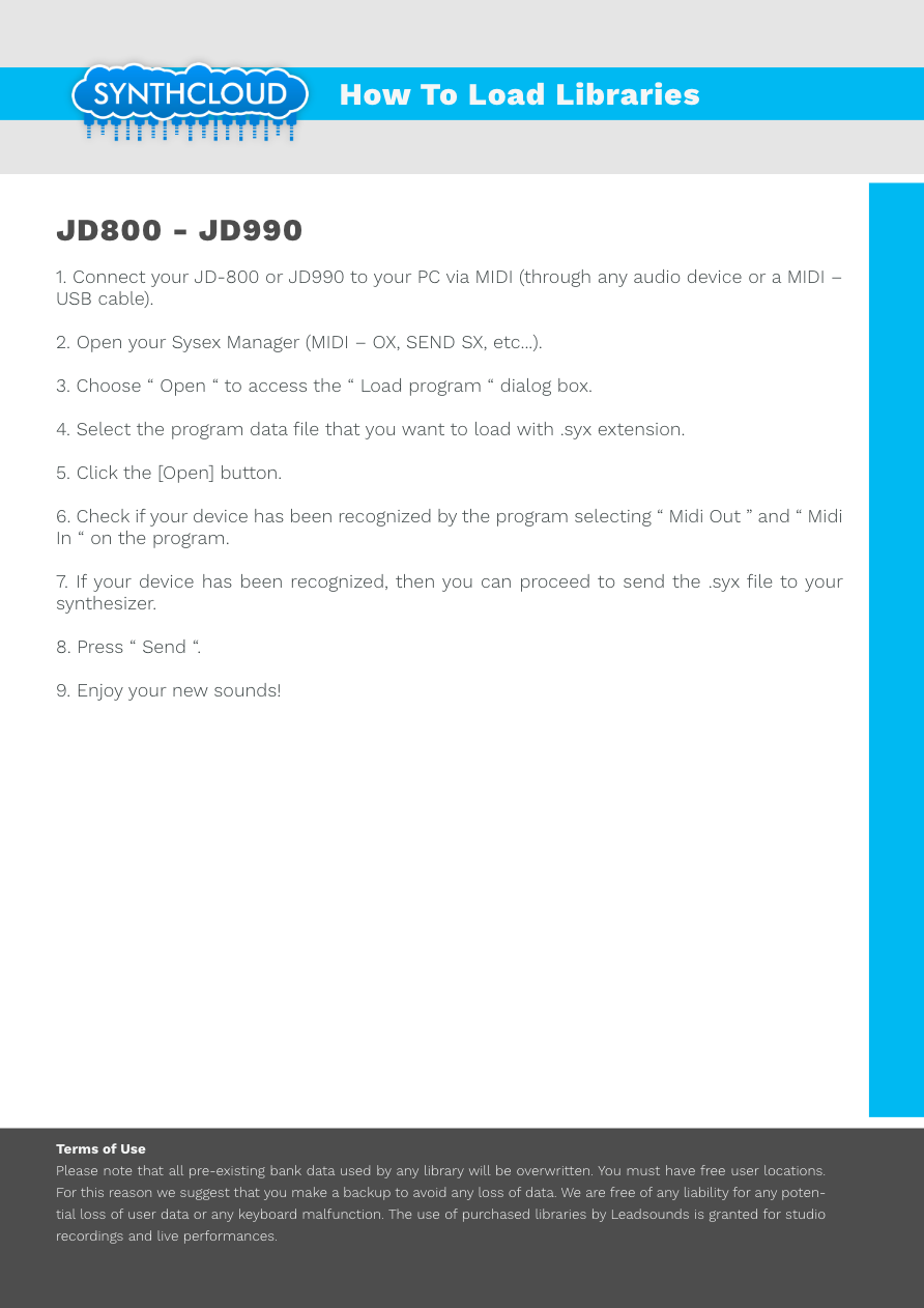 Roland JD800 / JD990 - Synthcloud Libraries - Manual Preview Image