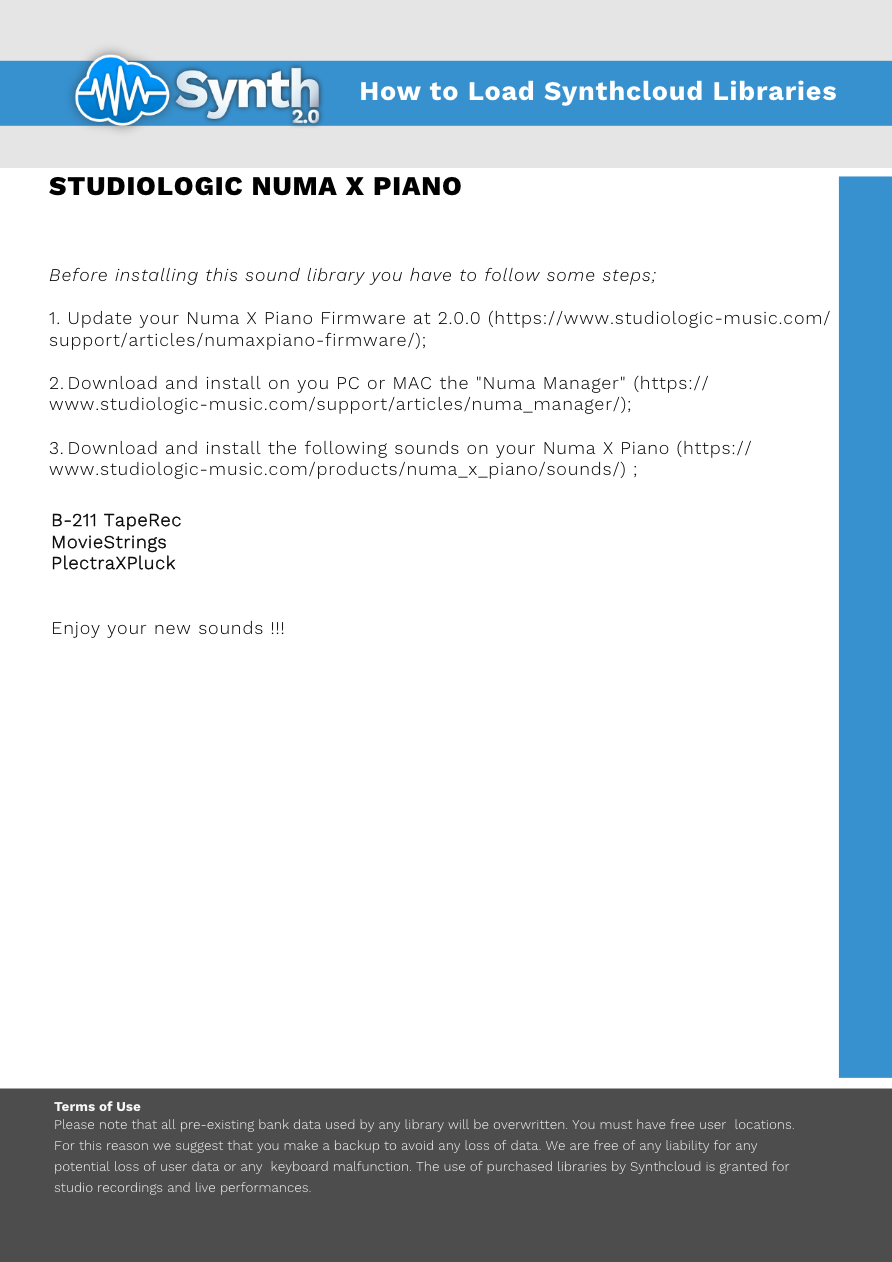 Studiologic Numa X Piano - Synthcloud Libraries - Manual Preview Image